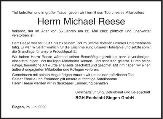 Traueranzeige von Michael Reese von Siegener Zeitung