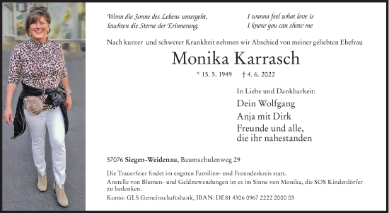 Traueranzeige von Monika Karrasch von Siegener Zeitung