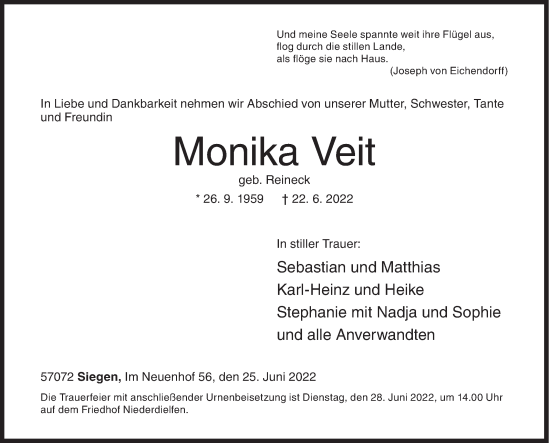 Traueranzeige von Monika Veit von Siegener Zeitung