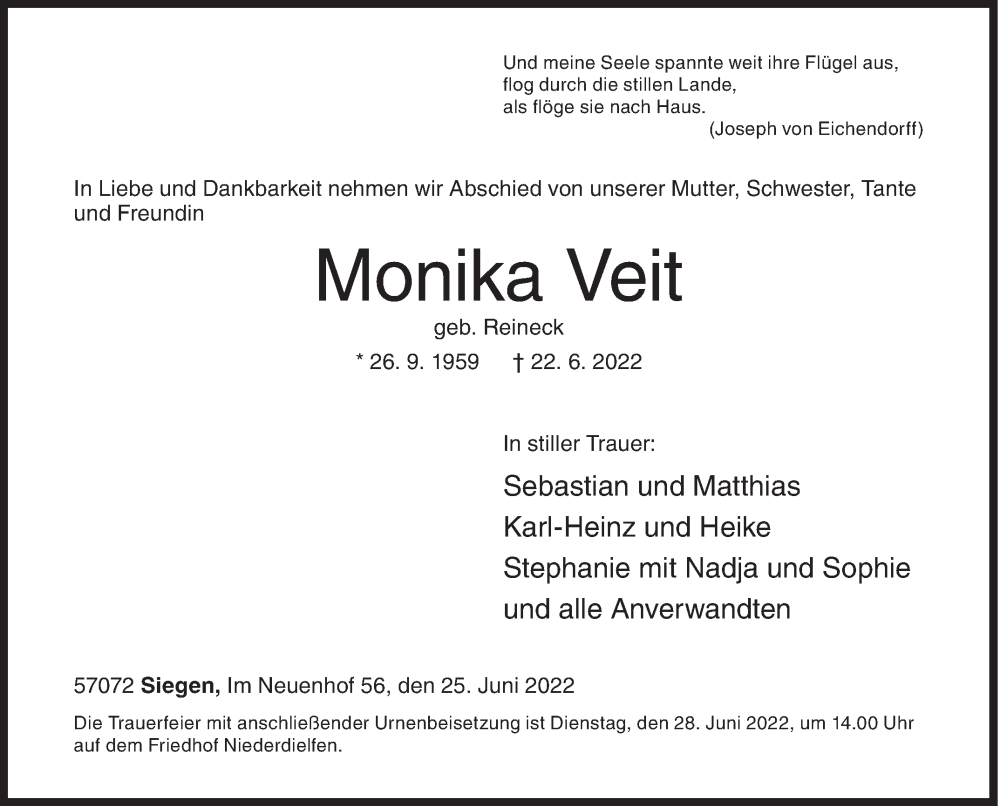  Traueranzeige für Monika Veit vom 25.06.2022 aus Siegener Zeitung