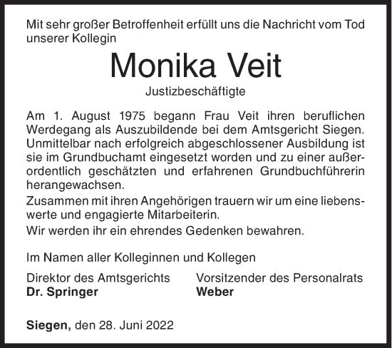 Traueranzeige von Monika Veit von Siegener Zeitung