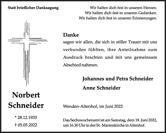 Traueranzeige von Norbert Schneider von Siegener Zeitung