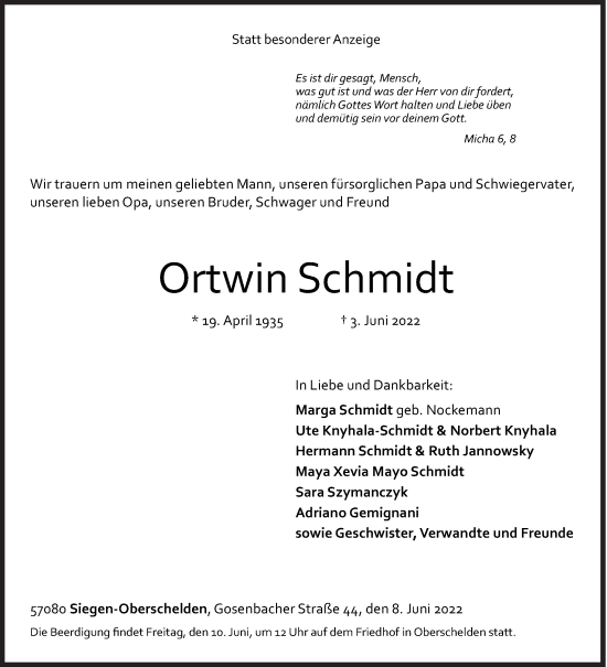 Traueranzeige von Ortwin Schmidt von Siegener Zeitung