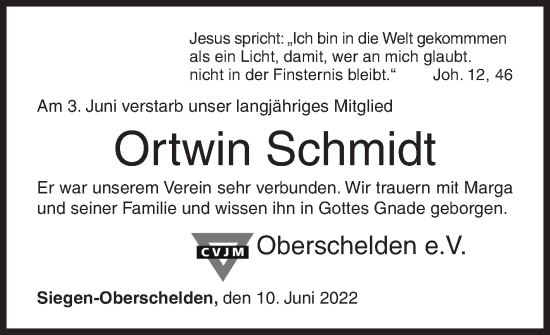 Traueranzeige von Ortwin Schmidt von Siegener Zeitung