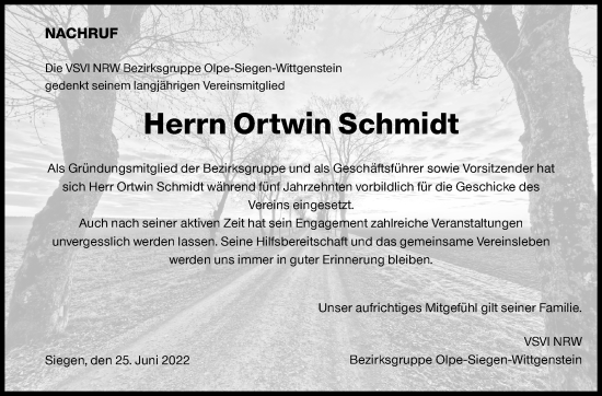 Traueranzeige von Ortwin Schmidt von Siegener Zeitung