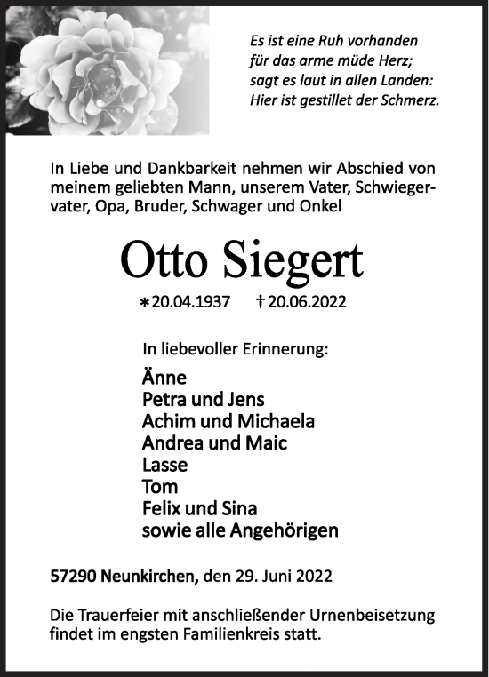 Traueranzeige von Otto Siegert von Siegener Zeitung
