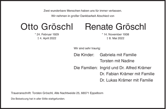 Traueranzeige von Otto und Renate Gröschl von Siegener Zeitung