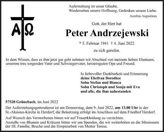 Traueranzeige von Peter Andrzejewski von Siegener Zeitung
