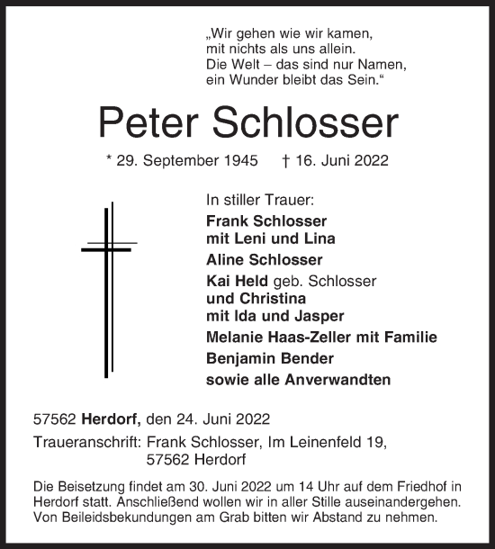 Traueranzeige von Peter Schlosser von Siegener Zeitung