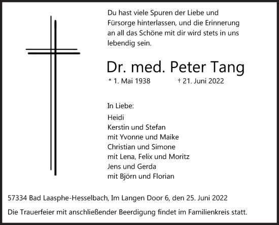 Traueranzeige von Peter Tang von Siegener Zeitung