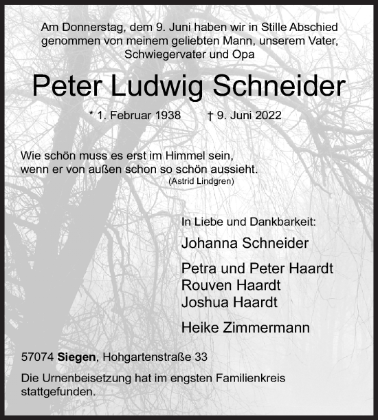Traueranzeige von Peter Ludwig Schneider von Siegener Zeitung