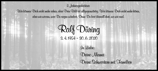 Traueranzeige von Ralf Düring von Siegener Zeitung