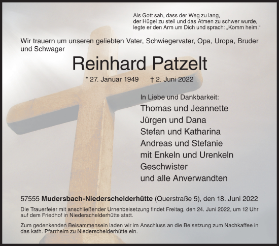 Traueranzeige von Reinhard Patzelt von Siegener Zeitung