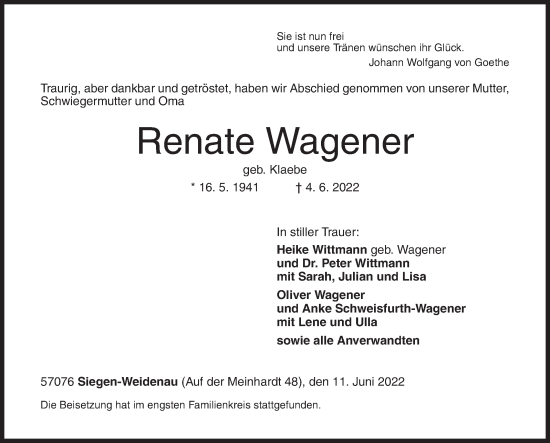 Traueranzeige von Renate Wagener von Siegener Zeitung