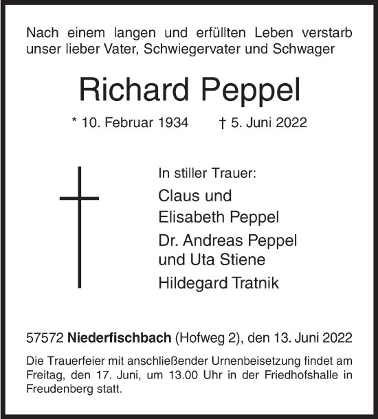 Traueranzeige von Richard Peppel von Siegener Zeitung