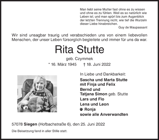Traueranzeige von Rita Stutte von Siegener Zeitung