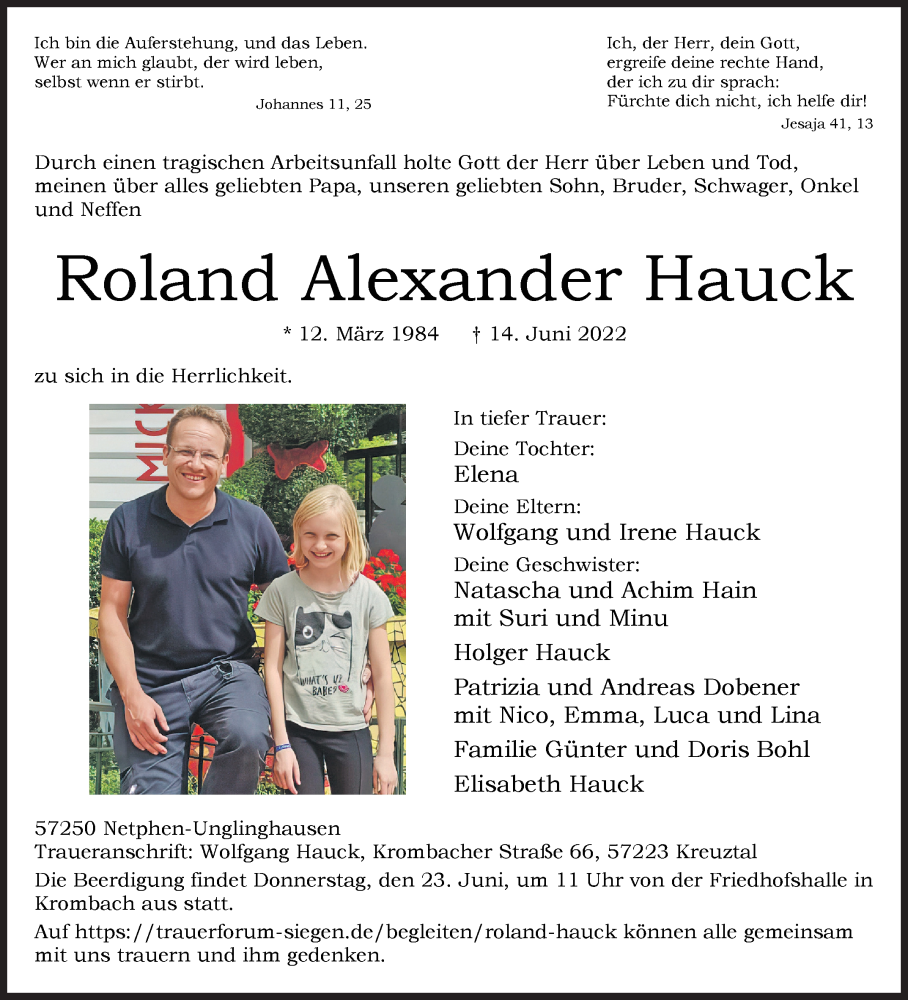  Traueranzeige für Roland Alexander Hauck vom 21.06.2022 aus Siegener Zeitung