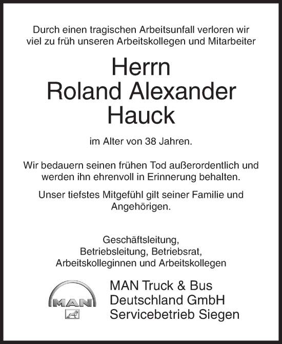 Traueranzeige von Roland Alexander Hauck von Siegener Zeitung