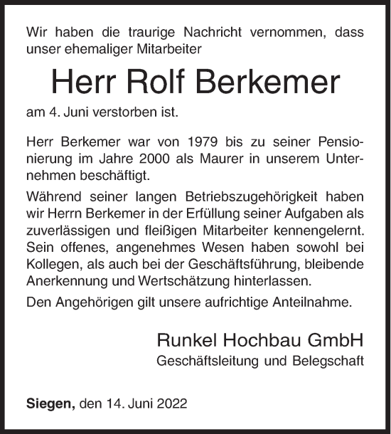 Traueranzeige von Rolf Berkemer von Siegener Zeitung