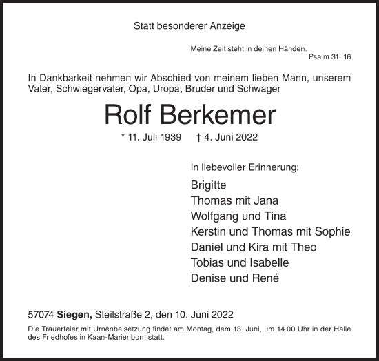 Traueranzeige von Rolf Berkemer von Siegener Zeitung