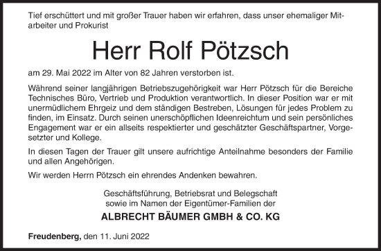 Traueranzeige von Rolf Pötzsch von Siegener Zeitung