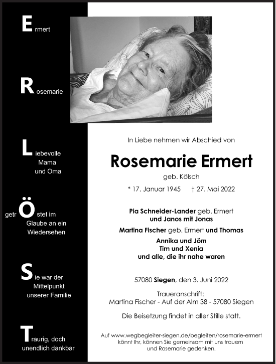 Traueranzeige von Rosemarie Ermert von Siegener Zeitung