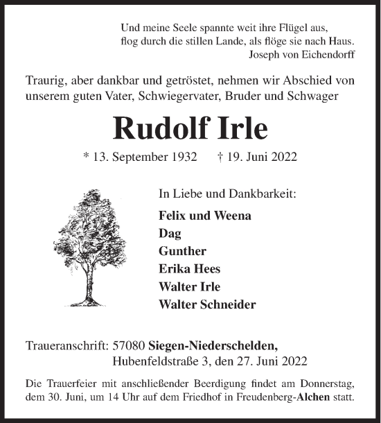 Traueranzeige von Rudolf Irle von Siegener Zeitung