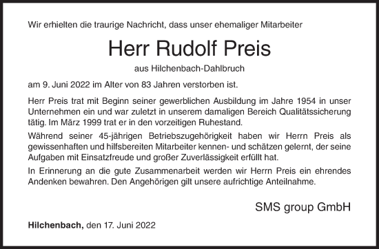 Traueranzeige von Rudolf Preis von Siegener Zeitung