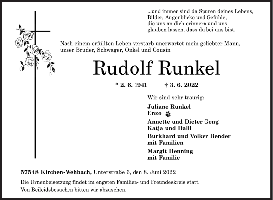 Traueranzeige von Rudolf Runkel von Siegener Zeitung