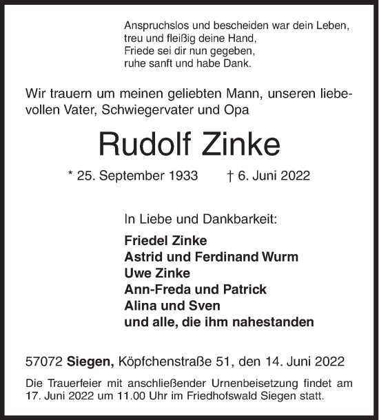 Traueranzeige von Rudolf Zinke von Siegener Zeitung
