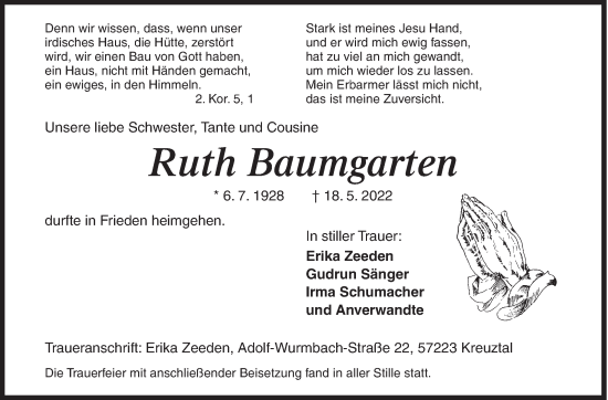Traueranzeige von Ruth Baumgarten von Siegener Zeitung