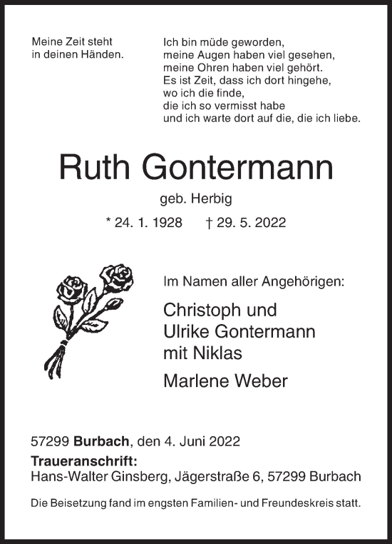 Traueranzeige von Ruth Gontermann von Siegener Zeitung