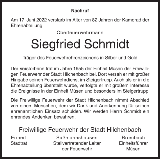 Traueranzeige von Siegfried Schmidt von Siegener Zeitung
