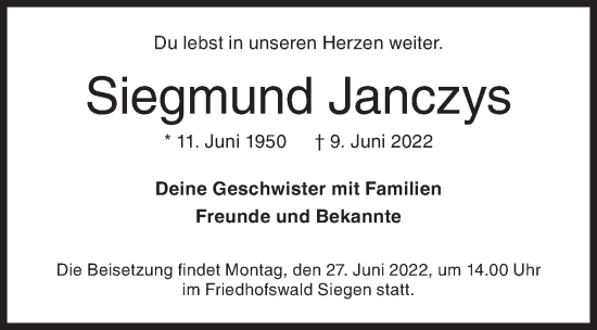 Traueranzeige von Siegmund Janczys von Siegener Zeitung