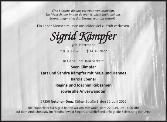 Traueranzeige von Sigrid Kämpfer von Siegener Zeitung