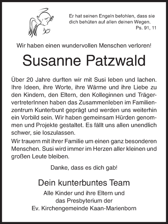 Traueranzeige von Susanne Patzwald von Siegener Zeitung