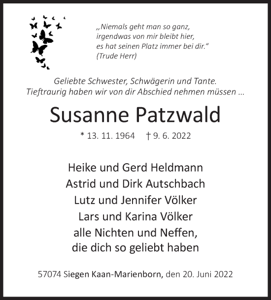 Traueranzeige von Susanne Patzwald von Siegener Zeitung
