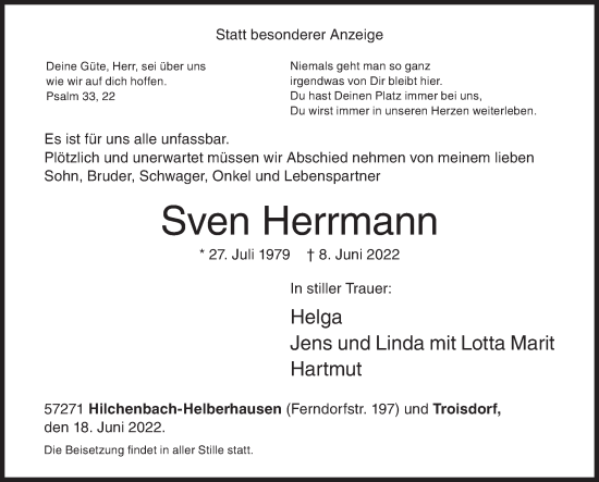 Traueranzeige von Sven Herrmann von Siegener Zeitung