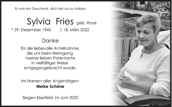 Traueranzeige von Sylvia Fries von Siegener Zeitung