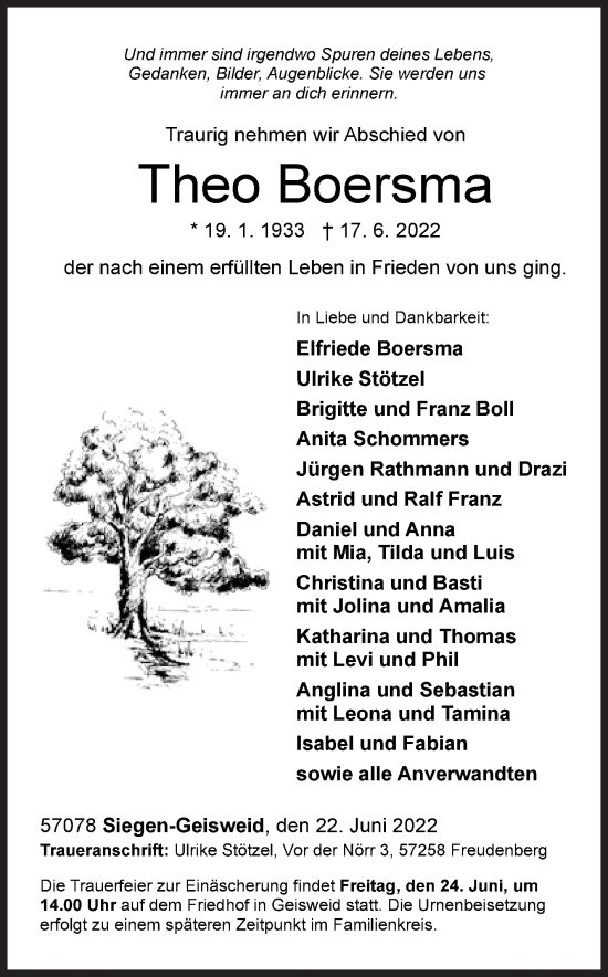 Traueranzeige von Theo Boersma von Siegener Zeitung