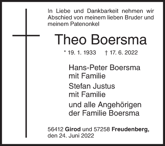 Traueranzeige von Theo Boersma von Siegener Zeitung