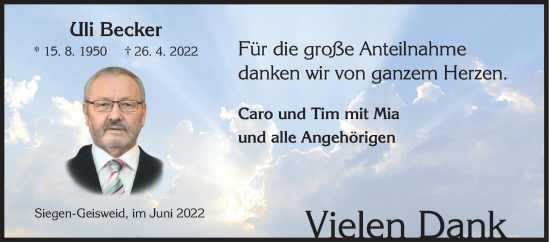 Traueranzeige von Uli Becker von Siegener Zeitung