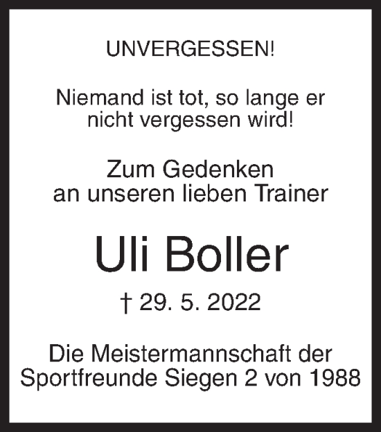 Traueranzeige von Uli Boller von Siegener Zeitung