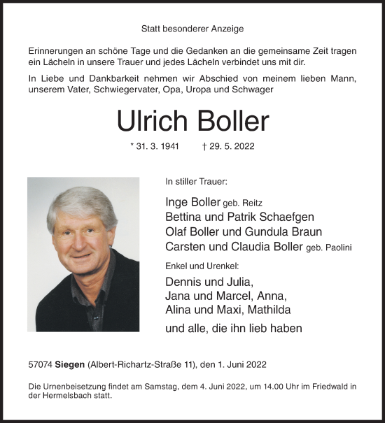 Traueranzeige von Ulrich Boller von Siegener Zeitung