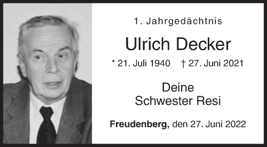 Traueranzeige von Ulrich Decker von Siegener Zeitung