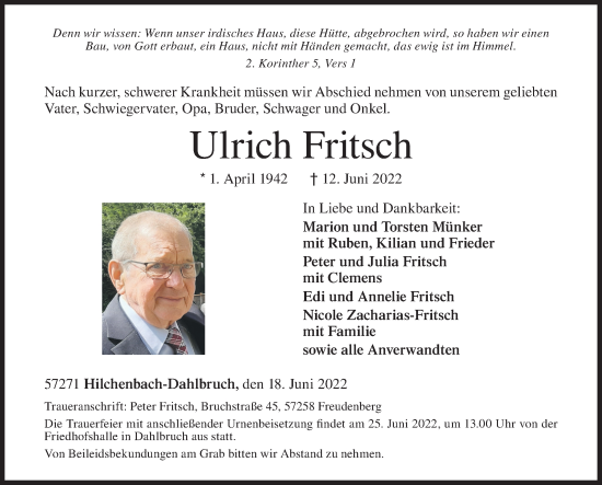 Traueranzeige von Ulrich Fritsch von Siegener Zeitung