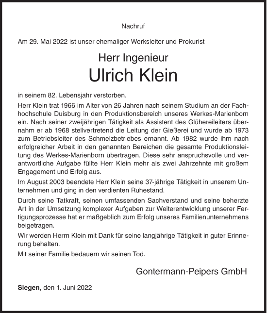 Traueranzeige von Ulrich Klein von Siegener Zeitung