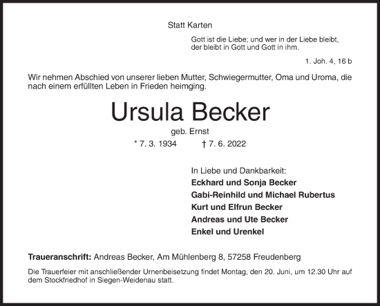 Traueranzeige von Ursula Becker von Siegener Zeitung