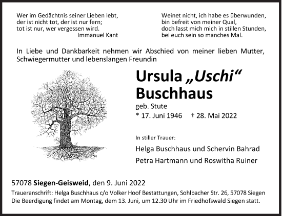 Traueranzeige von Ursula Buschhaus von Siegener Zeitung