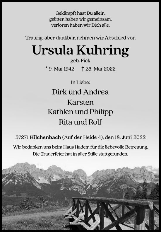 Traueranzeige von Ursula Kuhring von Siegener Zeitung